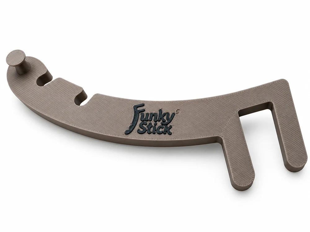 Close product view of a taupe Funky Stick showing the two holding positions and end post