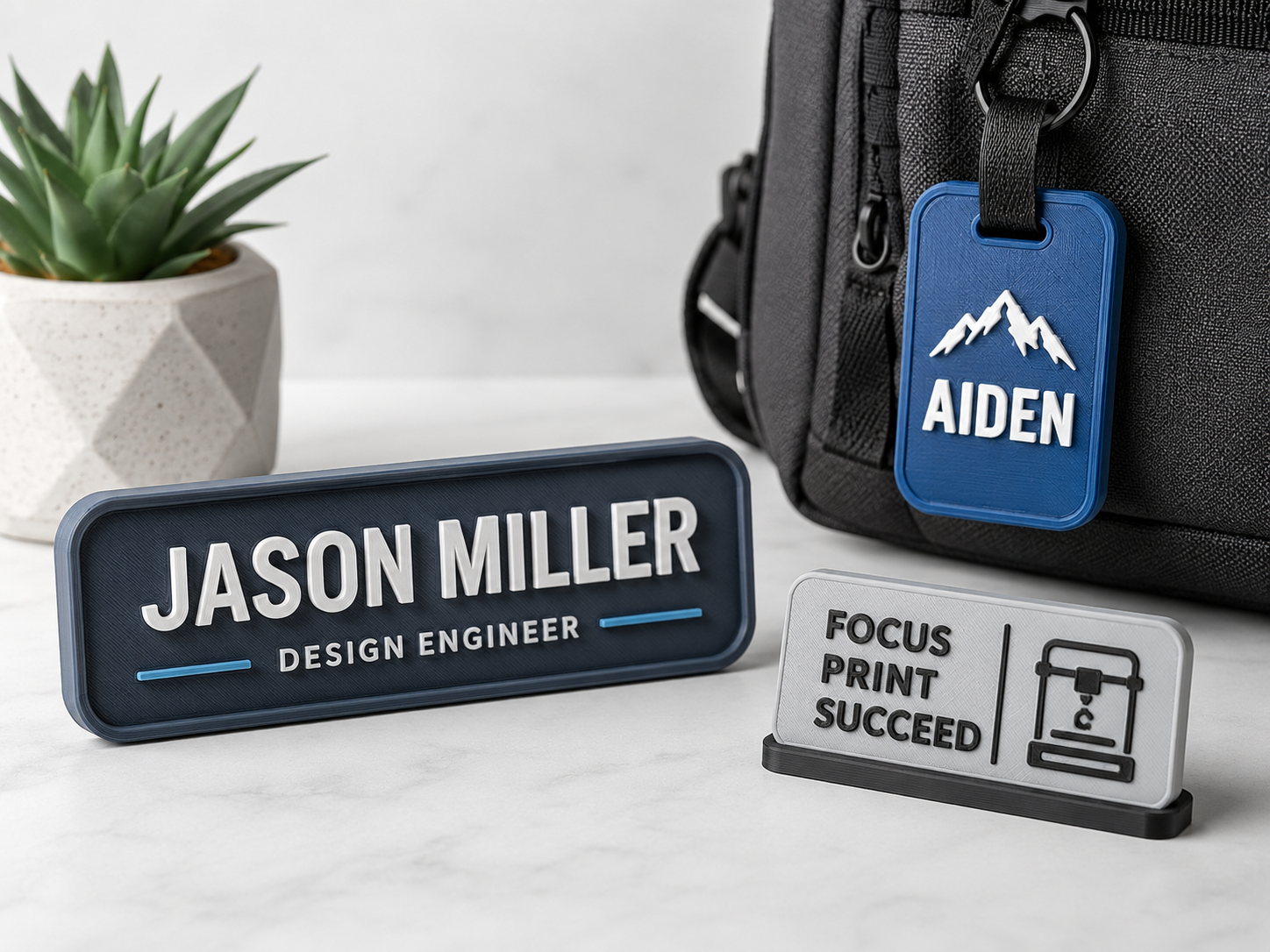 Personalized 3D printed products including a custom nameplate, tag, and desk sign